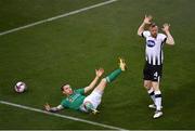 4 November 2018; Sean Hoare of Dundalk reacts as referee Neil Doyle awards a penalty to Cork City after he was adjudged to foul Karl Sheppard of Cork City, left, during the Irish Daily Mail FAI Cup Final match between Cork City and Dundalk at the Aviva Stadium in Dublin. Photo by Brendan Moran/Sportsfile