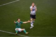 4 November 2018; Sean Hoare of Dundalk reacts as referee Neil Doyle awards a penalty to Cork City after he was adjudged to foul Karl Sheppard of Cork City, left, during the Irish Daily Mail FAI Cup Final match between Cork City and Dundalk at the Aviva Stadium in Dublin. Photo by Brendan Moran/Sportsfile