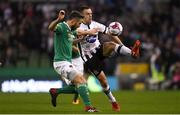 4 November 2018; Robbie Benson of Dundalk in action against Alan Bennett of Cork City during the Irish Daily Mail FAI Cup Final match between Cork City and Dundalk at the Aviva Stadium in Dublin. Photo by Ramsey Cardy/Sportsfile