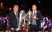 5 November 2018; Dundalk manager Stephen Kenny holds the SSE Airtricity League trophy, left, and Brian Gartland of Dundalk holds the Irish Daily Daily Cup during the Dundalk team's Homecoming at Market Square in Dundalk, Co. Louth. Photo by Ben McShane/Sportsfile