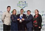 8 November 2018; FAI President Donal Conway and Leanne Sheill, Marketing Manager – Sponsorship and Reward with SSE Airtricity presents the Best Match Day Experience Award to Paul Wycherley, centre, David Geary, left, and Erika Ni Thuama from Cork City, right, during the SSE Airtricity League Club Awards at Clayton Hotel in Ballsbridge, Dublin. Photo by Matt Browne/Sportsfile