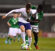 8 November 2018; Jensen Weir of England in action against Timi Sobowale of Republic of Ireland during the U17 International Friendly match between Republic of Ireland and England at Tallaght Stadium in Tallaght, Dublin. Photo by Brendan Moran/Sportsfile
