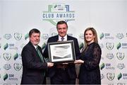 8 November 2018; FAI President Donal Conway and Leanne Sheill, Marketing Manager – Sponsorship and Reward with SSE Airtricity presents the Supporters Contribution certificate to Conor Flynn from Bray Wanderers FC during the SSE Airtricity League Club Awards at Clayton Hotel in Ballsbridge, Dublin. Photo by Matt Browne/Sportsfile