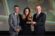 9 November 2018; Republic of Ireland manager Colin Bell, left, and Tom Dennigan from Continental Tyres present Louise Corrigan from Peamount United with her Team of the year trophy during the Continental Tyres Women’s National League Awards at Ballsbridge Hotel, in Dublin. Photo by Matt Browne/Sportsfile