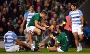 10 November 2018; Bundee Aki of Ireland celebrates with team-mate Jordan Larmour, left, after scoring his side's second try during the Guinness Series International match between Ireland and Argentina at the Aviva Stadium in Dublin. Photo by Ramsey Cardy/Sportsfile