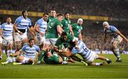 10 November 2018; Bundee Aki of Ireland dives over to score his side's second try during the Guinness Series International match between Ireland and Argentina at the Aviva Stadium in Dublin. Photo by Brendan Moran/Sportsfile