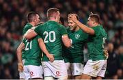 10 November 2018; Luke McGrath of Ireland celebrates with team-mates after scoring his side's third try during the Guinness Series International match between Ireland and Argentina at the Aviva Stadium in Dublin. Photo by Ramsey Cardy/Sportsfile