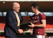 11 November 2018; Uachtarán Chumann Lúthchleas Gael John Horan presents The Wild Geese trophy to Padraic Mannion of Galway after the Wild Geese Cup match between Galway and Kilkenny at Spotless Stadium in Sydney, Australia. Photo by Ray McManus/Sportsfile