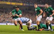 10 November 2018; Bundee Aki of Ireland breaks through to score his side's second try during the Guinness Series International match between Ireland and Argentina at the Aviva Stadium in Dublin. Photo by Brendan Moran/Sportsfile