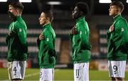8 November 2018; Republic of Ireland players, from left, Cian Kelly, Joe Hodge, Festy Ebosele and Conor Carty stand for the national anthem prior to the U17 International Friendly match between Republic of Ireland and England at Tallaght Stadium in Tallaght, Dublin. Photo by Brendan Moran/Sportsfile