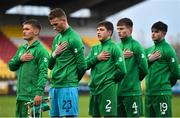 11 November 2018; Republic of Ireland players, from left, Séamas Keogh, Harry Halwax, Alex Darren Dunne, Cian Kelly and Sean Kennedy during the national anthem prior to the U17 International Friendly match between Republic of Ireland and Czech Republic at Tallaght Stadium in Tallaght, Dublin. Photo by Seb Daly/Sportsfile