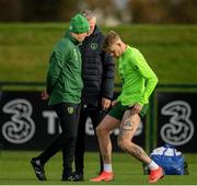 12 November 2018; James McClean with team physiotherapists Ciaran Murray, left, and Colin Dunlevy during a Republic of Ireland training session at the FAI National Training Centre in Abbotstown, Dublin.  Photo by Stephen McCarthy/Sportsfile