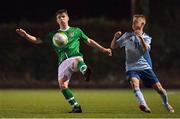 12 November 2018; Ronan Kilkenny of Republic of Ireland in action against Ross McCausland of Northern Ireland during the U16 Victory Shield match between Republic of Ireland and Northern Ireland at Mounthawk Park in Tralee, Kerry. Photo by Brendan Moran/Sportsfile