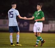 12 November 2018; Adam Wells of Republic of Ireland shakes hands with Caolan McBride of Northern Ireland after the U16 Victory Shield match between Republic of Ireland and Northern Ireland at Mounthawk Park in Tralee, Kerry. Photo by Brendan Moran/Sportsfile