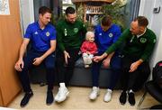 13 November 2018; Ellen Meehan, age 2, from Mount Merrion, Co Dublin with players, from left, Jonny Evans of Northern Ireland, Shane Duffy of Republic of Ireland, Steven Davis of Northern Ireland and David Meyler of Republic of Ireland during a visit from Republic of Ireland and Northern Ireland players to Our Lady's Children's Hospital at St John's Ward Our Lady's Children's Hospital in Crumlin, Dublin. Photo by David Fitzgerald/Sportsfile