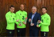 14 November 2018; Seamus Coleman, Darren Randolph and Harry Arter pictured with Padraig McEneaney CEO of Celtic Pure Irish Spring Water, who are the official water partner to the FAI, launching their new product range ‘Hint of Fruit’ ahead of the Ireland friendly against Northern Ireland this Thursday. The ‘Hint of Fruit’ range is natural fruit flavoured still spring water containing only natural flavours, no sugar or artificial sweeteners and with added vitamins. Castleknock Hotel in Dublin. Photo by Stephen McCarthy/Sportsfile