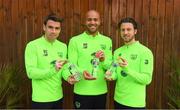 14 November 2018; Seamus Coleman, Darren Randolph and Harry Arter pictured with Celtic Pure Irish Spring Water, who are the official water partner to the FAI, launching their new product range ‘Hint of Fruit’ ahead of the Ireland friendly against Northern Ireland this Thursday. The ‘Hint of Fruit’ range is natural fruit flavoured still spring water containing only natural flavours, no sugar or artificial sweeteners and with added vitamins. Castleknock Hotel in Dublin. Photo by Stephen McCarthy/Sportsfile