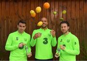 14 November 2018; Seamus Coleman, Darren Randolph and Harry Arter pictured with Celtic Pure Irish Spring Water, who are the official water partner to the FAI, launching their new product range ‘Hint of Fruit’ ahead of the Ireland friendly against Northern Ireland this Thursday. The ‘Hint of Fruit’ range is natural fruit flavoured still spring water containing only natural flavours, no sugar or artificial sweeteners and with added vitamins. Castleknock Hotel in Dublin. Photo by Stephen McCarthy/Sportsfile