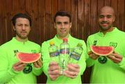 14 November 2018; Harry Arter, Seamus Coleman and Darren Randolph pictured with Celtic Pure Irish Spring Water, who are the official water partner to the FAI, launching their new product range ‘Hint of Fruit’ ahead of the Ireland friendly against Northern Ireland this Thursday. The ‘Hint of Fruit’ range is natural fruit flavoured still spring water containing only natural flavours, no sugar or artificial sweeteners and with added vitamins. Castleknock Hotel in Dublin. Photo by Stephen McCarthy/Sportsfile
