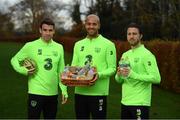 14 November 2018; Seamus Coleman, Darren Randolph and Harry Arter pictured with Celtic Pure Irish Spring Water, who are the official water partner to the FAI, launching their new product range ‘Hint of Fruit’ ahead of the Ireland friendly against Northern Ireland this Thursday. The ‘Hint of Fruit’ range is natural fruit flavoured still spring water containing only natural flavours, no sugar or artificial sweeteners and with added vitamins. Castleknock Hotel in Dublin. Photo by Stephen McCarthy/Sportsfile