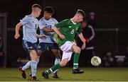 12 November 2018; Ben McCormack of Republic of Ireland in action against Orrin McLaughlin and Vicky Saldanmo of Northern Ireland during the U16 Victory Shield match between Republic of Ireland and Northern Ireland at Mounthawk Park in Tralee, Kerry. Photo by Brendan Moran/Sportsfile