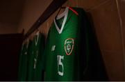 14 November 2018; The crest is seen on a Republic of Ireland jersey in the dressing room prior to the U16 Victory Shield match between Republic of Ireland and Wales at Mounthawk Park in Tralee, Kerry. Photo by Brendan Moran/Sportsfile