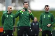 14 November 2018; Shane Duffy reacts during a Republic of Ireland training session alongside fitness coach Dan Horan, left, and assistant manager Roy Keane at the FAI National Training Centre in Abbotstown, Dublin. Photo by Stephen McCarthy/Sportsfile