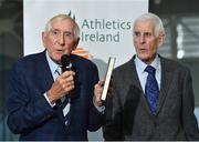 14 November 2018; Dr Ronnie Delany, left, 1956 Olympic 1,500m Champion, speaking during the launch of author Peter Byrne's new book, ‘Winning for Ireland - How Irish Athletes Conquered The World’, at the National Indoor Arena in Abbotstown, Dublin. Photo by Seb Daly/Sportsfile