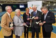 14 November 2018; Author Peter Byrne, second right, with, from left, CEO of Sport Ireland John Treacy, President of Athletics Ireland Georgina Drumm, Irish long distance runner Catherina McKiernan, and former Irish Olympian Eamonn Coghlan, during the launch of his new book, ‘Winning for Ireland - How Irish Athletes Conquered The World’, at the National Indoor Arena in Abbotstown, Dublin. Photo by Seb Daly/Sportsfile