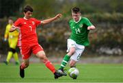 14 November 2018; Oran Crowe of Republic of Ireland in action against James Sweet-Lannin of Wales during the U16 Victory Shield match between Republic of Ireland and Wales at Mounthawk Park in Tralee, Kerry. Photo by Brendan Moran/Sportsfile