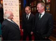 14 November 2018; President of Ireland Michael D Higgins with Republic of Ireland manager Martin O'Neill, centre, and Northern Ireland manager Michael O'Neill, right, in attendance at the Co-operation Ireland Dinner, a function that saw delegations from both the Football Association of Ireland and Irish Football Association come together, at the Mansion House in Dublin. Photo by Stephen McCarthy/Sportsfile