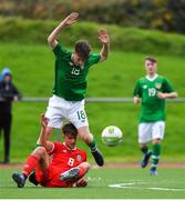 14 November 2018; Kailin Barlow of Republic of Ireland in action against Ollie Ewing of Wales during the U16 Victory Shield match between Republic of Ireland and Wales at Mounthawk Park in Tralee, Kerry. Photo by Brendan Moran/Sportsfile