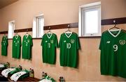 14 November 2018; Jerseys hang in the Republic of Ireland dressing room prior to the U16 Victory Shield match between Republic of Ireland and Wales at Mounthawk Park in Tralee, Kerry. Photo by Brendan Moran/Sportsfile