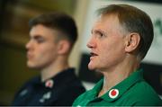15 November 2018; Head coach Joe Schmidt, right, and Garry Ringrose during an Ireland Rugby press conference at Carton House in Maynooth, Co. Kildare. Photo by Ramsey Cardy/Sportsfile