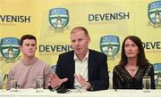 15 November 2018; In attendance at the press launch of the Meath versus Dublin Sean Cox fundraiser, which will take place at Páirc Tailteann on 16th December, are, from left, Sean Cox’s son Jack and wife, Martina with Dunboyne GAA Chairperson Fergus McNulty, centre. Dunboyne Castle in Dunboyne, Co. Meath. Photo by Ramsey Cardy/Sportsfile