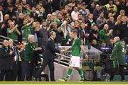 15 November 2018; Glenn Whelan of Republic of Ireland shakes hands with manager Martin O'Neill as he leaves the field after making his final international appearance during the International Friendly match between Republic of Ireland and Northern Ireland at the Aviva Stadium in Dublin. Photo by Harry Murphy/Sportsfile