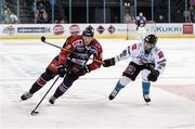 15 November 2018; Mikko Lehtonen of Medvescak Zagreb in action against Mark Garside of Belfast Giants during the IIHF Continental Cup Third Round Group E match between Medvescak Zagreb and Stena Line Belfast Giants at the SSE Arena in Antrim. Photo by Eoin Smith/Sportsfile