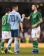 15 November 2018; Kyle Lafferty, left, of Northern Ireland and Shane Duffy of Republic of Ireland after the International Friendly match between Republic of Ireland and Northern Ireland at the Aviva Stadium in Dublin. Photo by Harry Murphy/Sportsfile