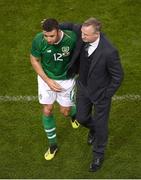 15 November 2018; Northern Ireland manager Michael O'Neill and Enda Stevens of Republic of Ireland following the International Friendly match between Republic of Ireland and Northern Ireland at the Aviva Stadium in Dublin. Photo by Eóin Noonan/Sportsfile