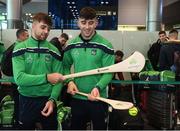 16 November 2018; Wexford and Limerick hurlers departed Dublin Airport for Boston today onboard Aer Lingus flight EI 137. Aer Lingus, Title Sponsor and Official Airline of the Aer Lingus Fenway Hurling Classic, is thrilled to once again be supporting this unique cultural and sporting event, bringing four teams and 130 hurlers to Boston’s famous Fenway Park. Games will be broadcast on TG4 on Sunday, November 18th with Wexford v Limerick in the first semi-final and Clare v Cork in the second semi-final. Pictured at the Aer Lingus Fenway Hurling Classic - Send Off are Limerick hurlers Colin Ryan, left, and Aaron Gillane at Dublin Airport, Dublin. Photo by Eóin Noonan/Sportsfile