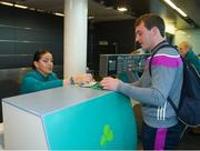 16 November 2018; Wexford and Limerick hurlers departed Dublin Airport for Boston today onboard Aer Lingus flight EI 137. Aer Lingus, Title Sponsor and Official Airline of the Aer Lingus Fenway Hurling Classic, is thrilled to once again be supporting this unique cultural and sporting event, bringing four teams and 130 hurlers to Boston’s famous Fenway Park. Games will be broadcast on TG4 on Sunday, November 18th with Wexford v Limerick in the first semi-final and Clare v Cork in the second semi-final. Pictured at the Aer Lingus Fenway Hurling Classic - Send Off is Wexford hurler Kevin Foley, checking in, at Dublin Airport, Dublin. Photo by Eóin Noonan/Sportsfile