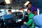 16 November 2018; Wexford and Limerick hurlers departed Dublin Airport for Boston today onboard Aer Lingus flight EI 137. Aer Lingus, Title Sponsor and Official Airline of the Aer Lingus Fenway Hurling Classic, is thrilled to once again be supporting this unique cultural and sporting event, bringing four teams and 130 hurlers to Boston’s famous Fenway Park. Games will be broadcast on TG4 on Sunday, November 18th with Wexford v Limerick in the first semi-final and Clare v Cork in the second semi-final. Pictured are Wexford Hurler Lee Chin, Limerick Hurler Nickie Quaid Aer Lingus Captain David Poole, left, and Aer Lingus First Officer Paul Purcell during the Aer Lingus Fenway Hurling Classic Send Off at Dublin Airport in Dublin. Photo by Piaras Ó Mídheach/Sportsfile