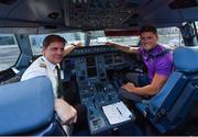 16 November 2018; Wexford and Limerick hurlers departed Dublin Airport for Boston today onboard Aer Lingus flight EI 137. Aer Lingus, Title Sponsor and Official Airline of the Aer Lingus Fenway Hurling Classic, is thrilled to once again be supporting this unique cultural and sporting event, bringing four teams and 130 hurlers to Boston’s famous Fenway Park. Games will be broadcast on TG4 on Sunday, November 18th with Wexford v Limerick in the first semi-final and Clare v Cork in the second semi-final. Pictured are Wexford Hurler Lee Chin and Aer Lingus Captain David Poole during the Aer Lingus Fenway Hurling Classic Send Off at Dublin Airport in Dublin. Photo by Piaras Ó Mídheach/Sportsfile