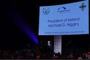 14 November 2018; President of Ireland Michael D Higgins speaking at the Co-operation Ireland Dinner, a function that saw delegations from both the Football Association of Ireland and Irish Football Association come together, at the Mansion House in Dublin. Photo by Stephen McCarthy/Sportsfile