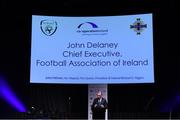 14 November 2018; John Delaney, CEO, Football Association of Ireland, speaking at the Co-operation Ireland Dinner, a function that saw delegations from both the Football Association of Ireland and Irish Football Association come together, at the Mansion House in Dublin. Photo by Stephen McCarthy/Sportsfile