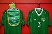 16 November 2018; The match pennant and jerseys hang in the Republic of Ireland dressing room in Tralee Dynamos facility prior to the U16 Victory Shield match between Republic of Ireland and Scotland at Mounthawk Park in Tralee, Kerry. Photo by Brendan Moran/Sportsfile