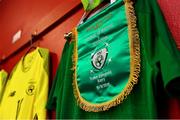 16 November 2018; The match pennant and jerseys hang in the Republic of Ireland dressing room in Tralee Dynamos facility prior to the U16 Victory Shield match between Republic of Ireland and Scotland at Mounthawk Park in Tralee, Kerry. Photo by Brendan Moran/Sportsfile