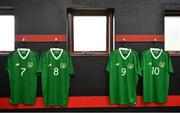 16 November 2018; Jerseys hang in the Republic of Ireland dressing room in Tralee Dynamos facility prior to the U16 Victory Shield match between Republic of Ireland and Scotland at Mounthawk Park in Tralee, Kerry. Photo by Brendan Moran/Sportsfile