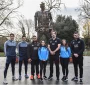 16 November 2018; Dublin players Chris Crummey, Cian O’Sullivan, Sinéad Goldrick and Ali Twomey with New Zealand All Black's Nepo Laulala, Sam Whitelock and Liam Squire visit the World War 1 memorial at St. Stephen's Green in Dublin. Photo by Matt Browne/Sportsfile