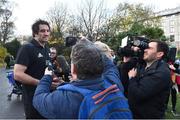 16 November 2018; New Zealand All Black Sam Whitelock is interviewed by members of the media during a visit to the World War 1 memorial at St. Stephen's Green in Dublin. Photo by Matt Browne/Sportsfile
